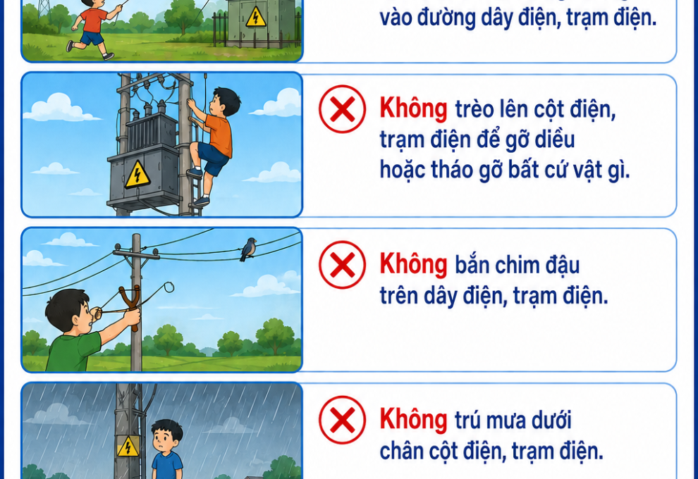tạo hình ảnh nội dung sau chính xác dăng zalo: Đảm bảo an toàn điện - Điện lực CHợ Mới khuyến cáo Không được thả diều gần đường dây điện, trạm điện, nơi diều có khả năng vướng vào đường dây điện, trạm điện. Không trèo lên cột điện, trạm điện để gỡ diều hoặc tháo gỡ bất cứ vật gì. Không bắn chim đậu trên dây điện, trạm điện. Không trú mưa dưới chân cột điện, trạm điện. Không đến gần hoặc chạm vào tủ điện, trạm điện. Khi gặp sự cố về điện hãy báo ngay cho Tổng đài Tổng Công ty Điện lực miền Nam theo số điện t
