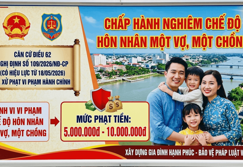 Theo quy định mới về xử phạt vi phạm hành chính trong lĩnh vực bổ trợ tư pháp; hành chính tư pháp; hôn nhân và gia đình; thi hành án dân sự; phục hồi, phá sản doanh nghiệp, hợp tác xã, theo đó, từ ngày 18/05/2026, người có hành vi vi phạm chế độ hôn nhân một vợ, một chồng có thể bị phạt từ 5 đến 10 triệu đồng. Nội dung này nằm tại Điều 62 Nghị định số 109/2026/NĐ-CP, quy định mức xử phạt vi phạm hành chính đối với hành vi vi phạm quy định về kết hôn, ly hôn và vi phạm chế độ hôn nhân một vợ, một chồng. 