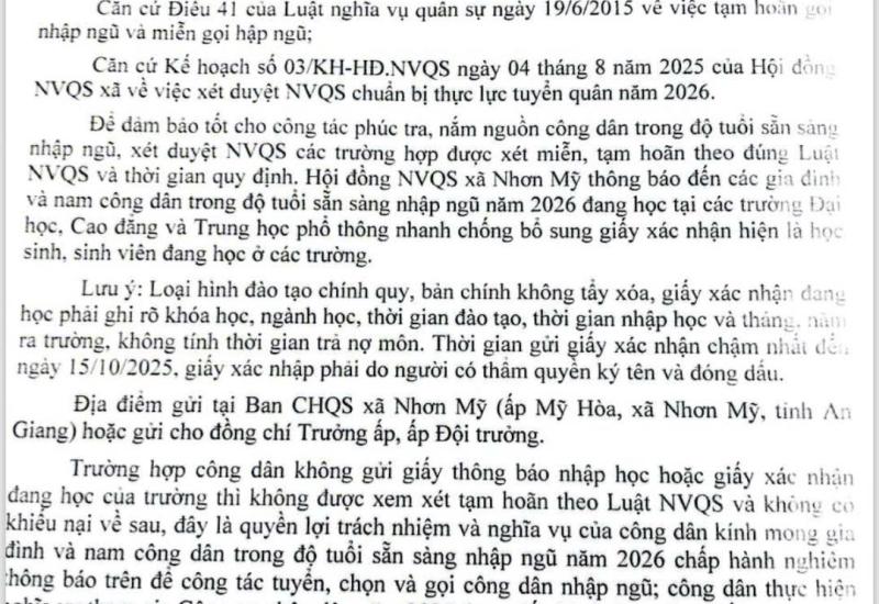 Thông báo bổ sung giấy xác nhận đang là học sinh, sinh viên tại các trường đối với nam công dân trong độ tuổi sẵn sàng nhập ngũ năm 2026